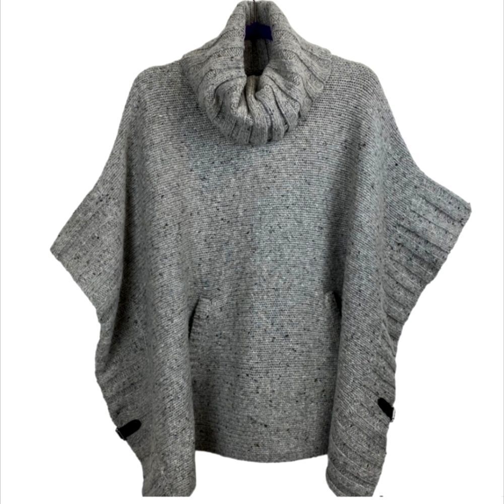 Cynthia Rowley Poncho  Cape SM Wool Blend Tweed Gray Leather  Buckle Pockets